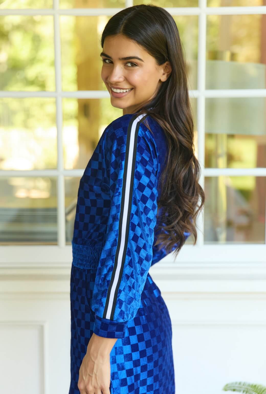 Track Dress - Cobalt Checkerboard Velour
