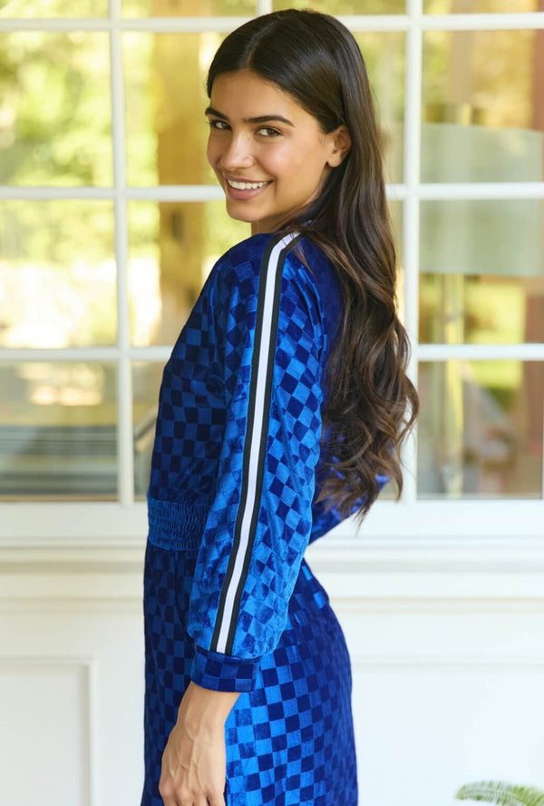 Track Dress - Cobalt Checkerboard Velour