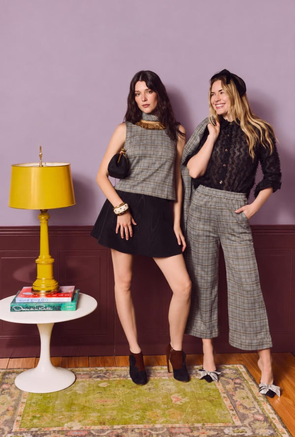Wide Leg Knit Trouser - Black & Gold Glen Plaid Knit