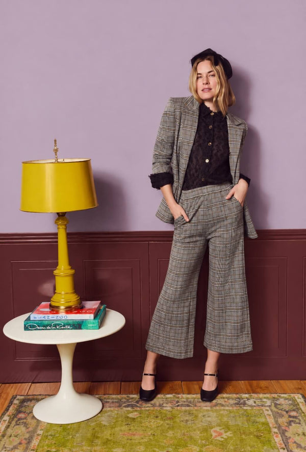 Wide Leg Knit Trouser - Black & Gold Glen Plaid Knit