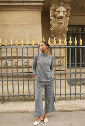 Wide Leg Knit Trouser - Blue & Brown Cheetah Knit