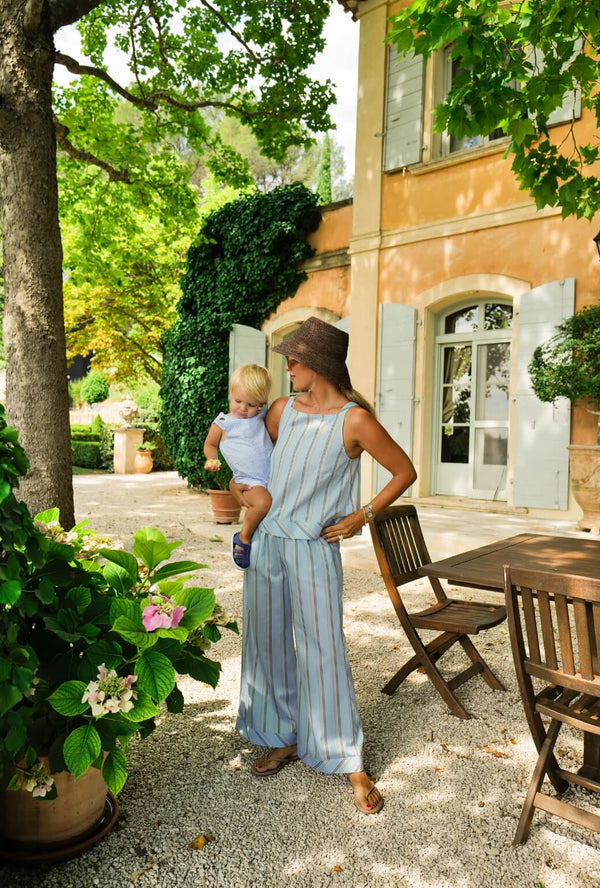 Buru x Megan Stokes Wide Leg Trouser - Blue & Brown Stripe