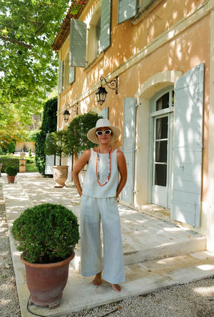 Buru x Megan Stokes Wide Leg Trouser - Green Linen Stripe