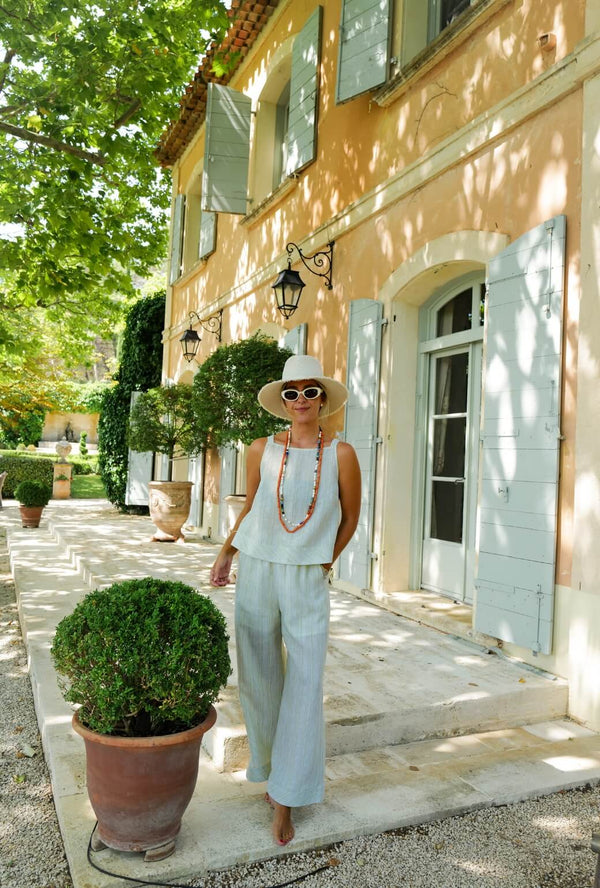 Buru x Megan Stokes Wide Leg Trouser - Green Linen Stripe