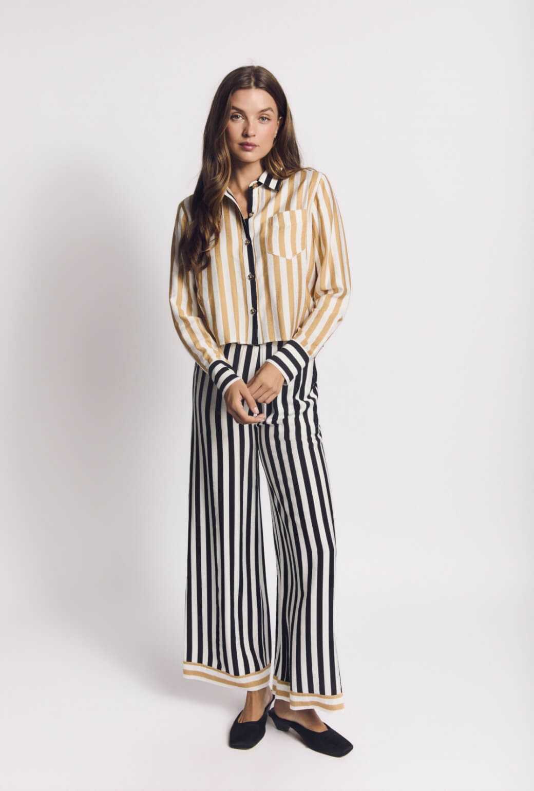 Wide Leg Trousers - Black and Sand Stripe