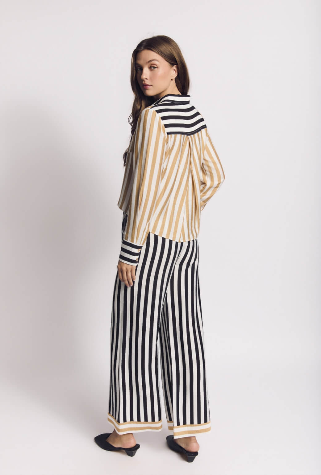 Wide Leg Trousers - Black and Sand Stripe