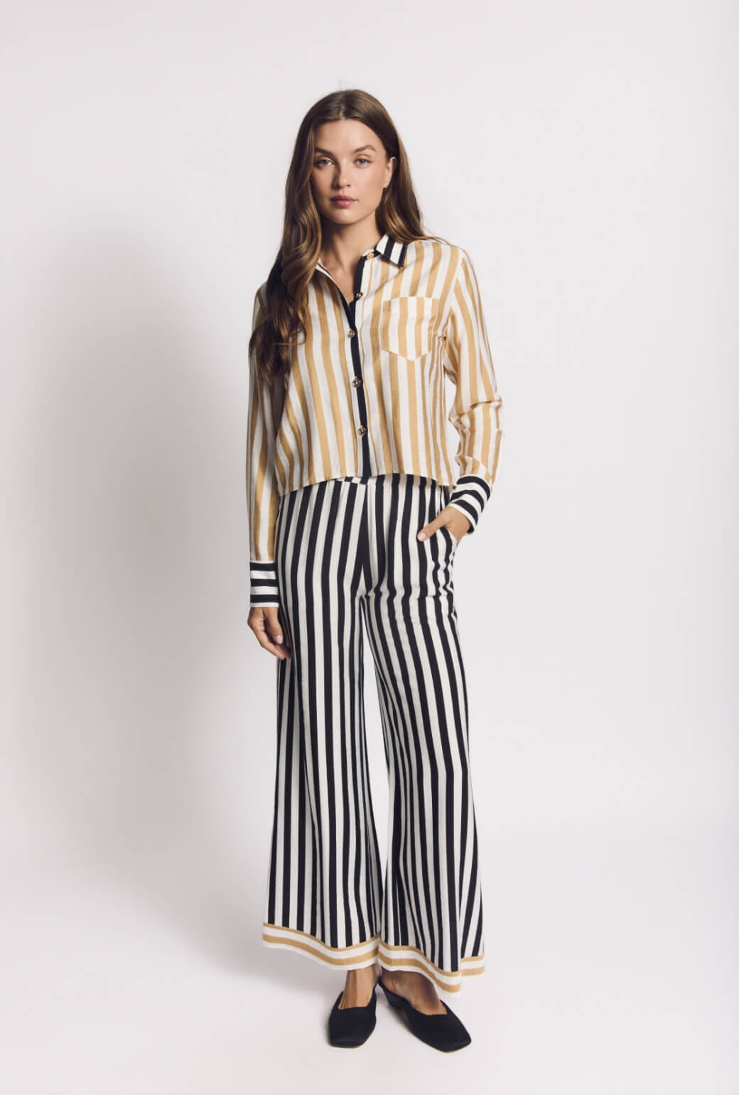 Wide Leg Trousers - Black and Sand Stripe