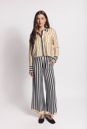 Wide Leg Trousers - Black and Sand Stripe