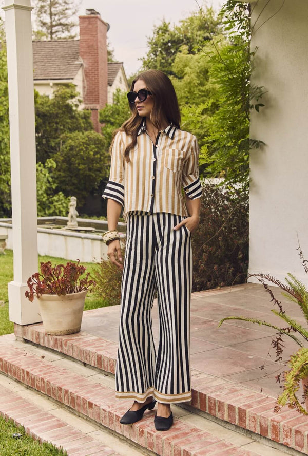 Wide Leg Trousers - Black and Sand Stripe