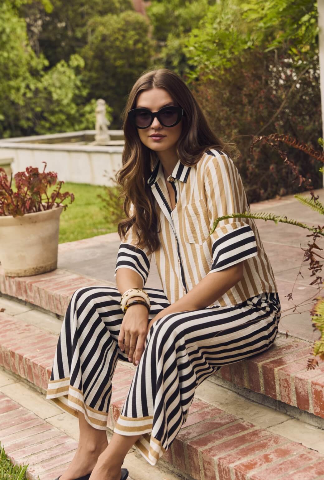 Wide Leg Trousers - Black and Sand Stripe