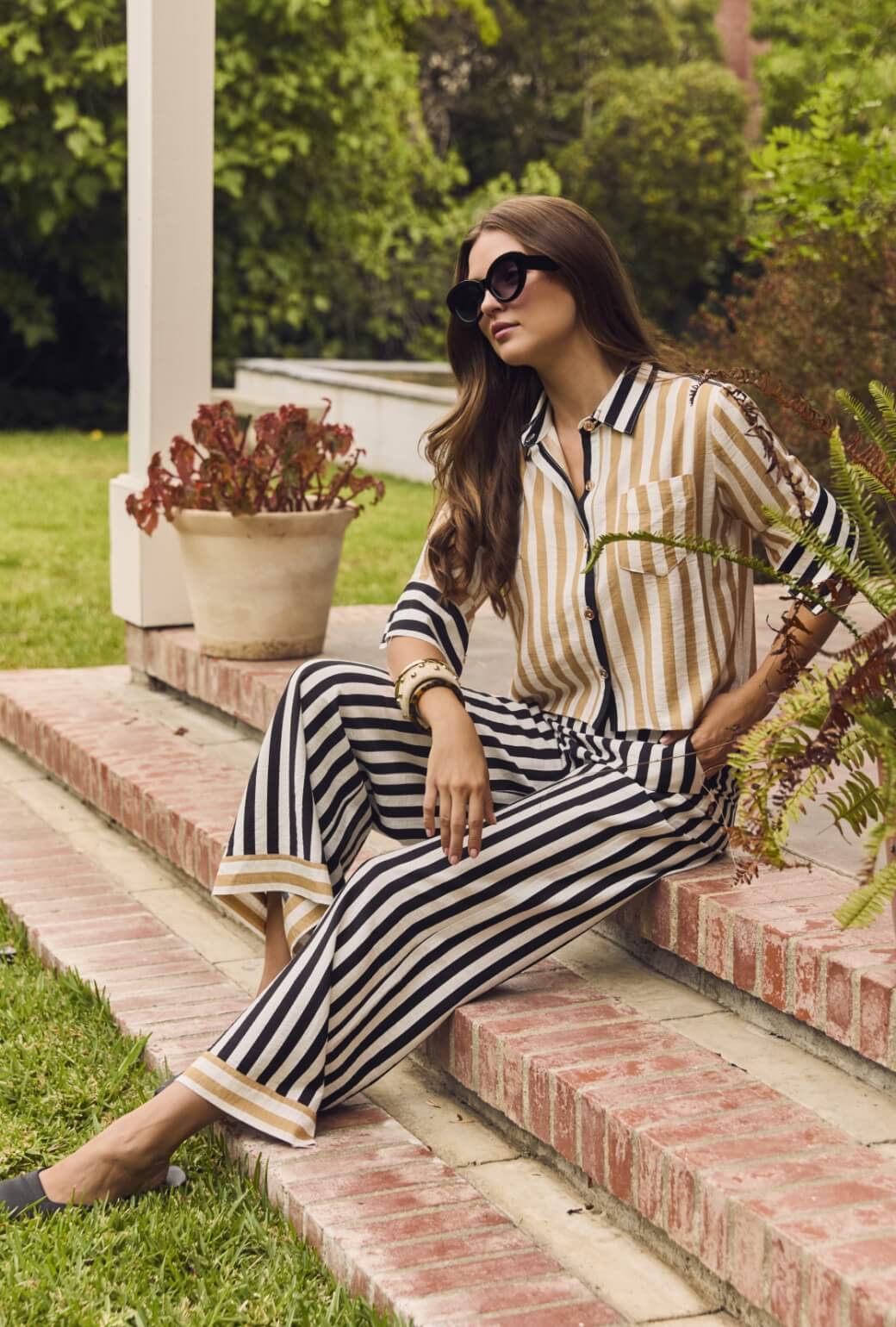Wide Leg Trousers - Black and Sand Stripe