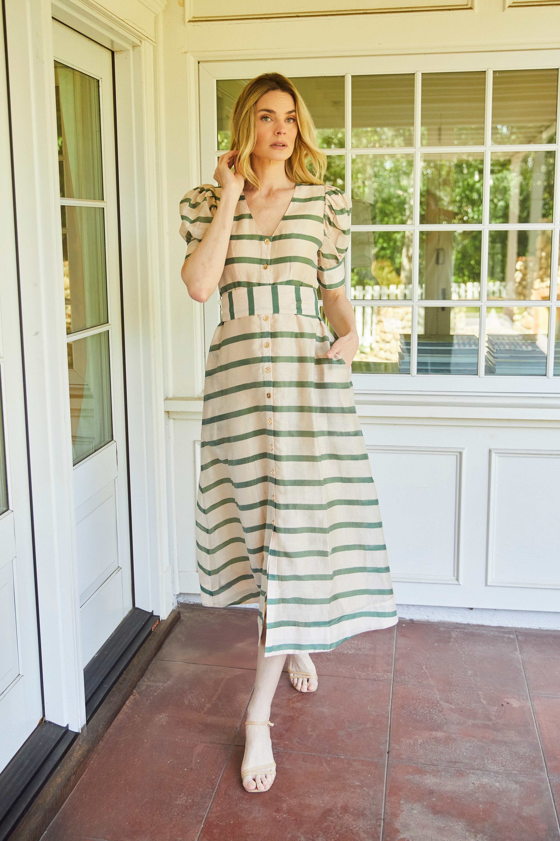 Deep V Puff Sleeve Day Gown - Evergreen Stripe