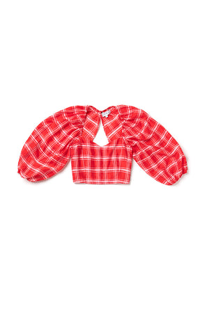 Balloon Sleeve Bustier - Red Plaid