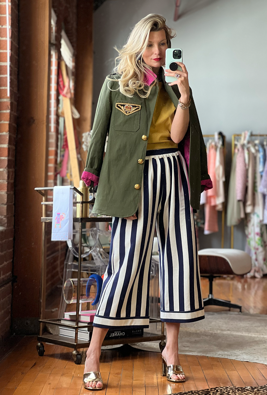 White pants with green stripes hotsell