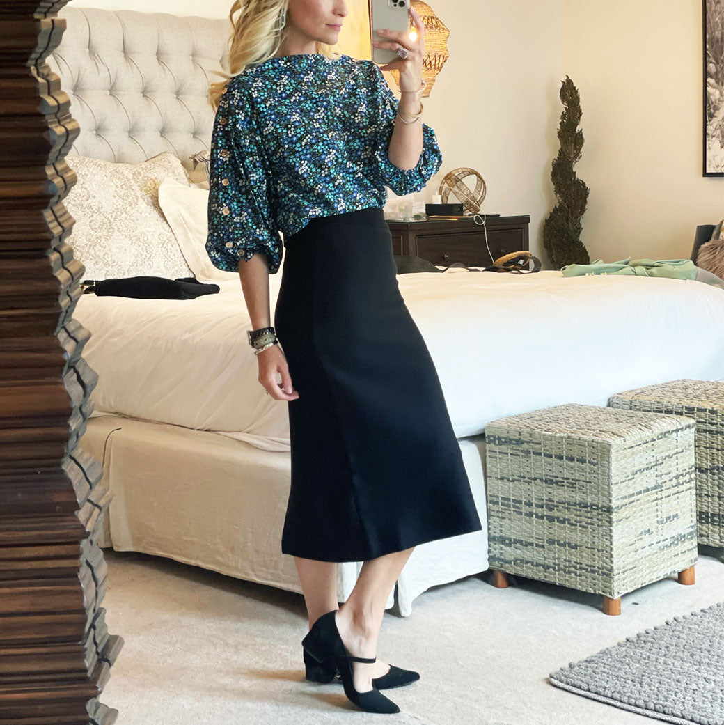Button Sleeve Blouse - Black Micro Floral