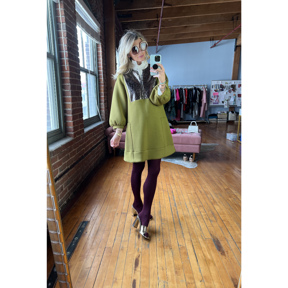 Bib Front A-line Dress - Olive, image