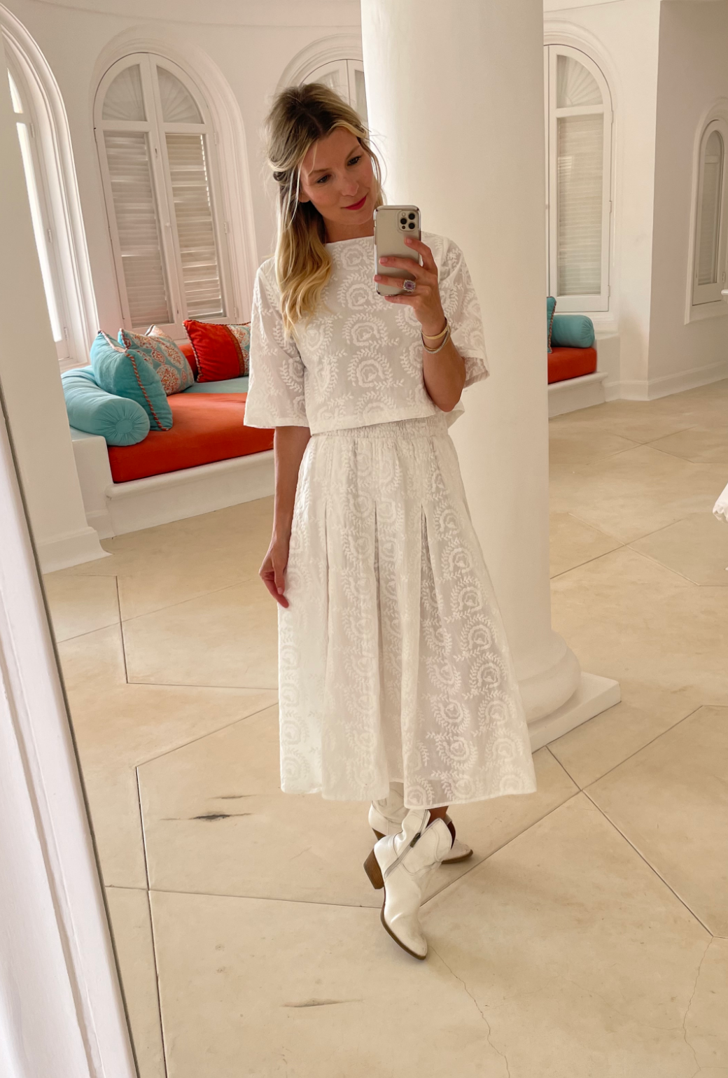 White skirt outfit xs top