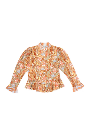 Peplum Puff Sleeve Button Down Paisley Stripe