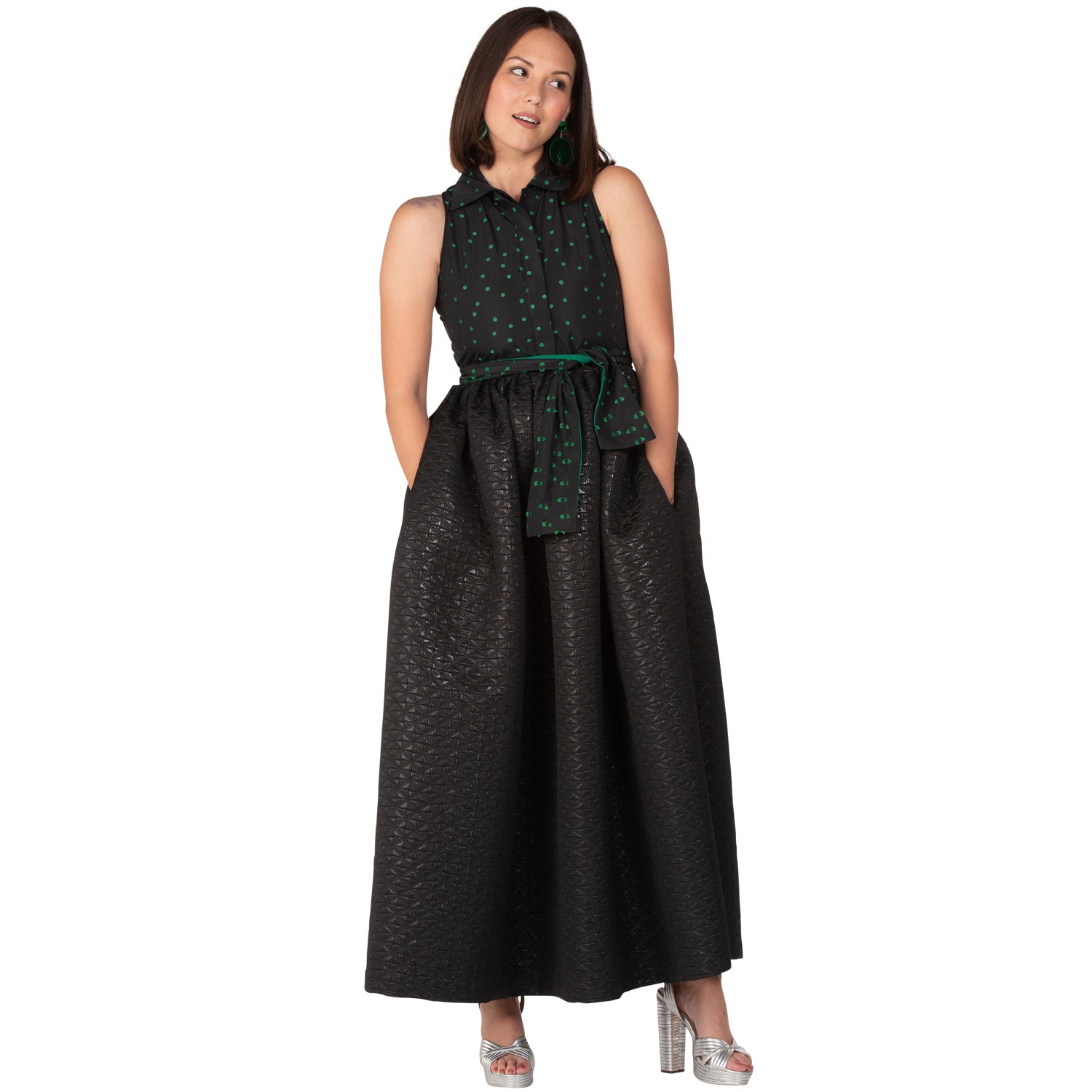 SAMPLE The Sleeveless New Look Shirtdress - Green Dot & Black Brocade