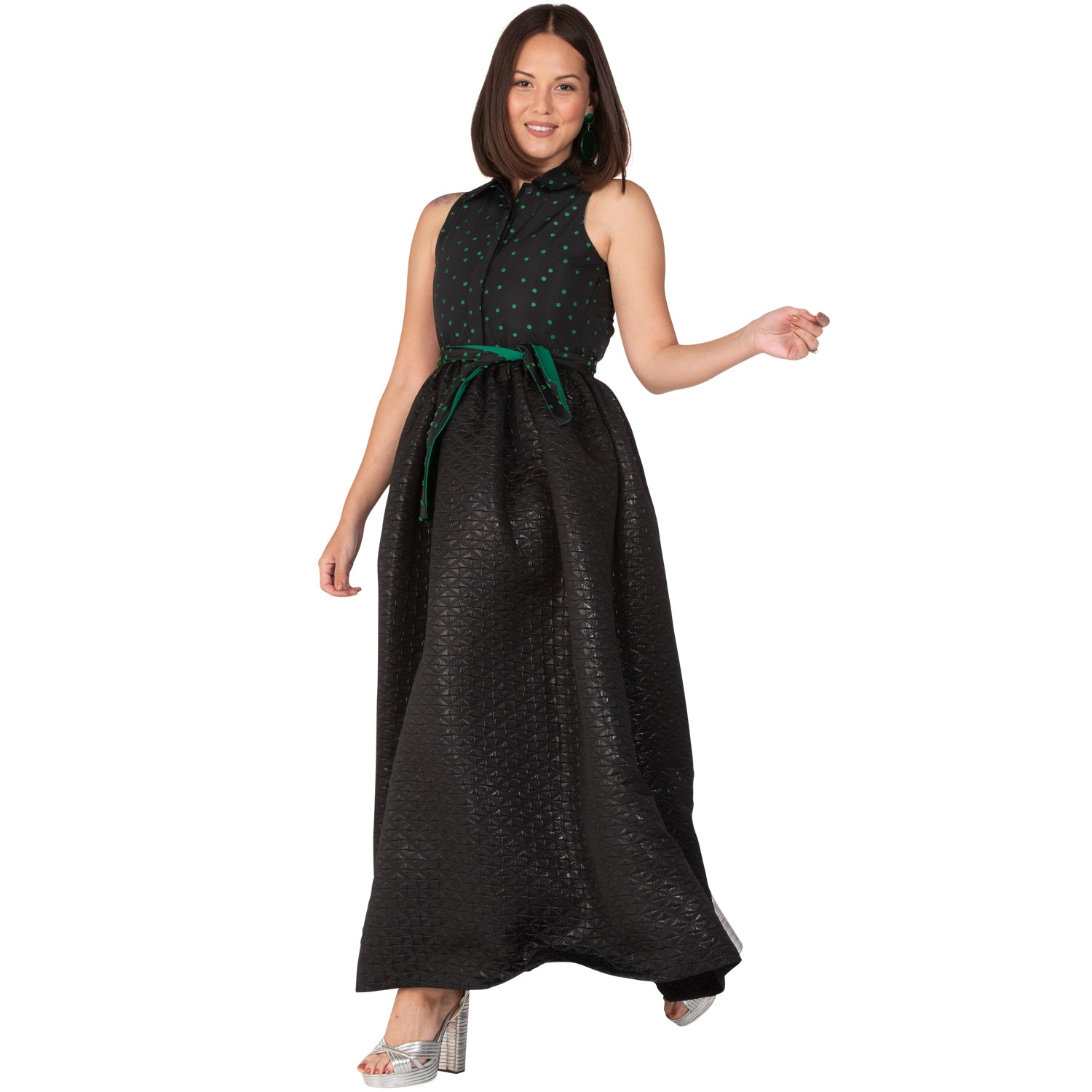 SAMPLE The Sleeveless New Look Shirtdress - Green Dot & Black Brocade