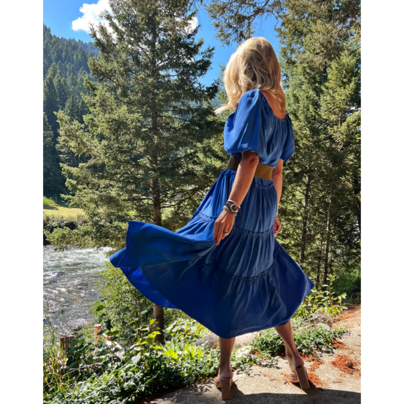 On & Off The Shoulder Puff Sleeve Dress- Royal
