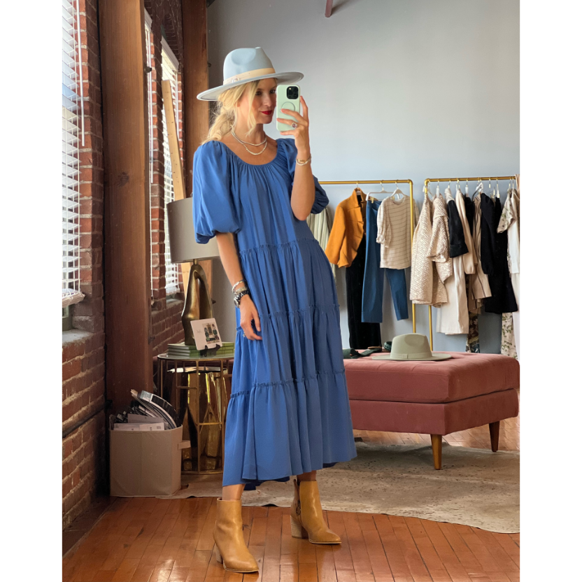 On & Off The Shoulder Puff Sleeve Dress- Royal